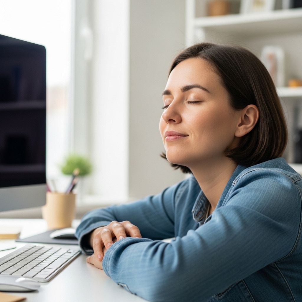 A person with closed eyes resting peacefully at a tidy desk, hands folded, computer monitor visible in the blurred background, taking a deliberate rest from screen work in a naturally lit room