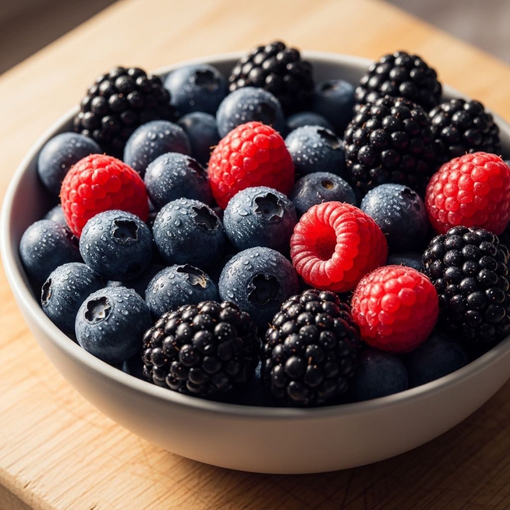 Close-up of a vibrant bowl of mixed dark berries including blueberries, blackberries, and raspberries, high in antioxidants, on a light wooden surface