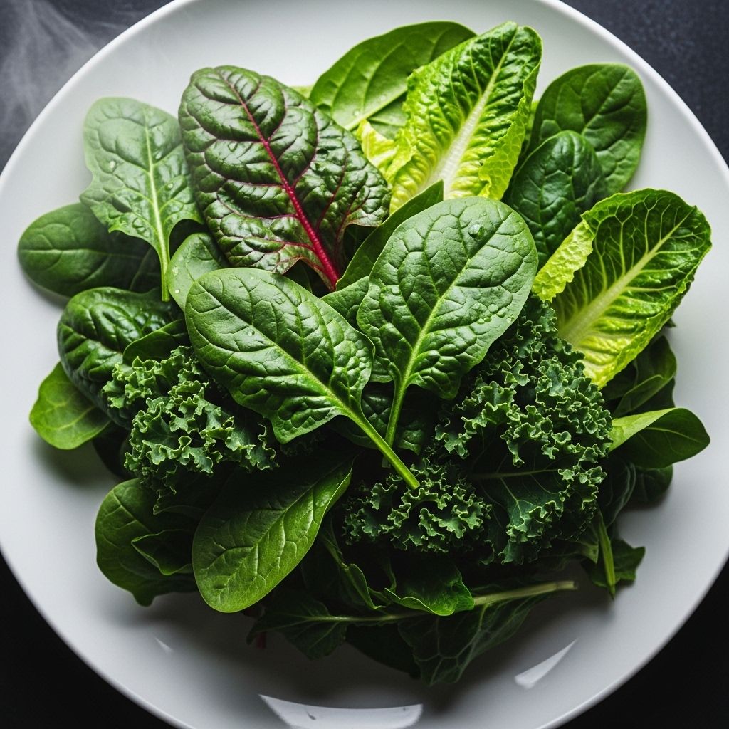 Fresh leafy green vegetables including spinach and kale arranged on a white plate, rich in lutein and zeaxanthin