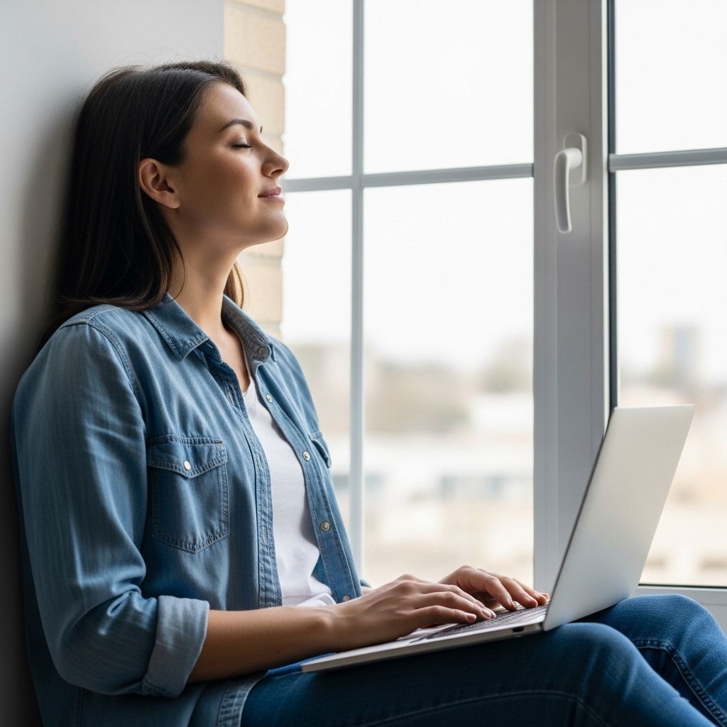 Young professional woman sitting by a bright window, looking peacefully into the distance away from a laptop, taking a deliberate screen break in a calm office environment